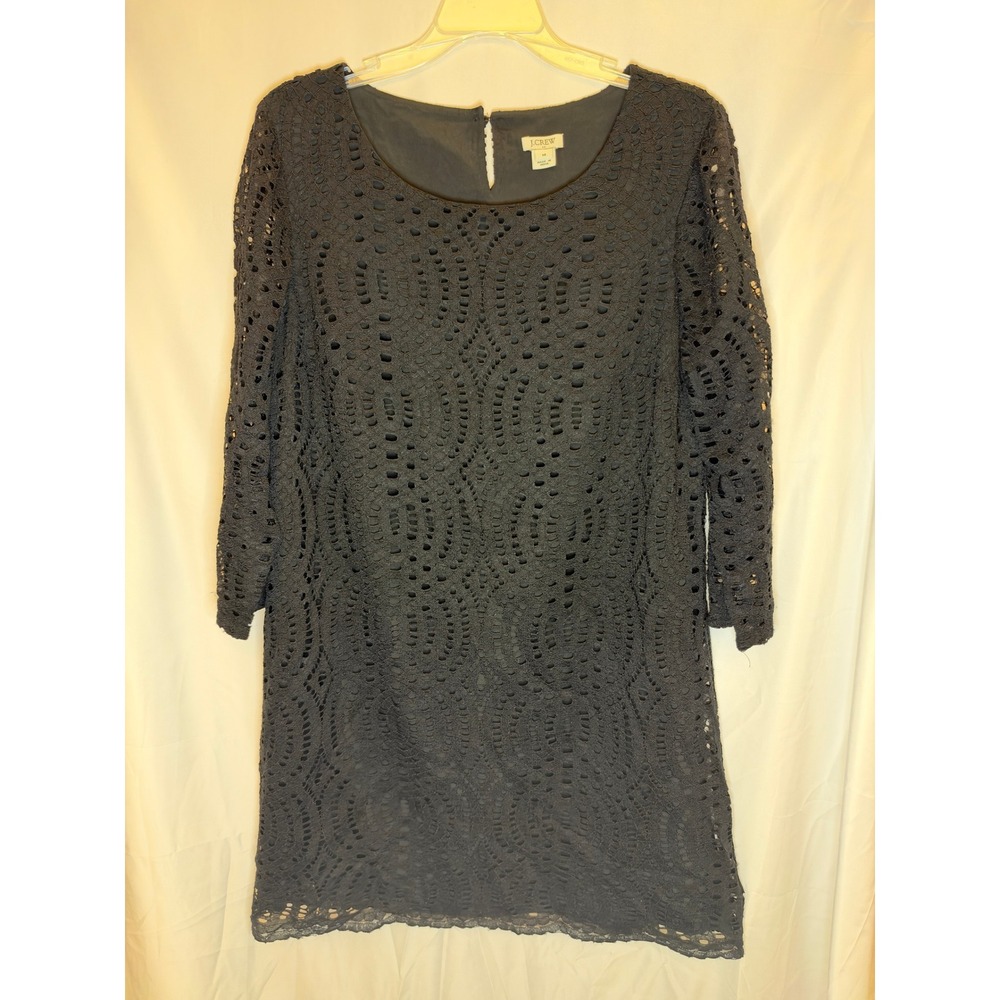 J.Crew Black Corded Lace Shift Dress Long Sleeve Keyhole Back Size 14